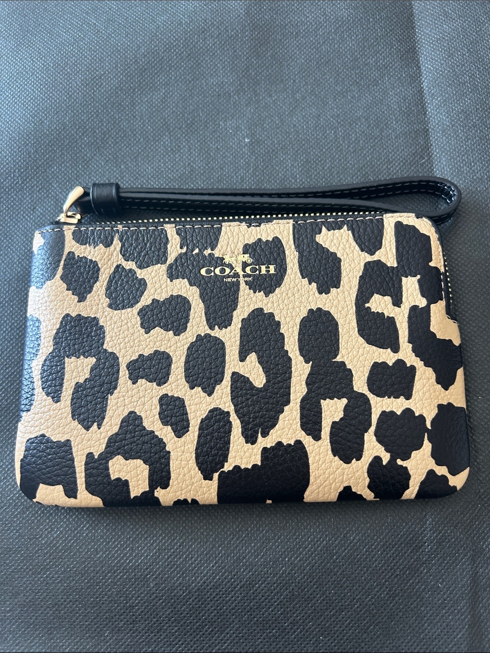 Coach Leopard-Print Wristlet in Beige and Black with Gold Logo